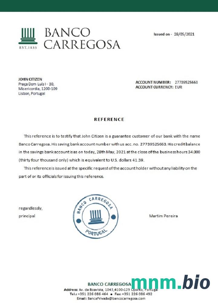 Przykład odniesienia Portugal Banco Carregosa w formatach Word i PDF